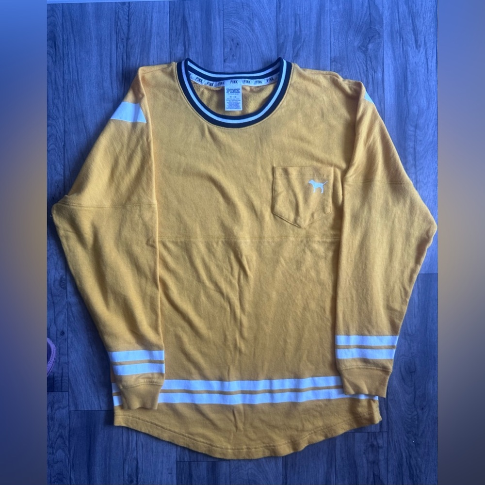 PINK Womens Medium Shirt Long
Sleeve Pocket Yellow‎ White Stripe
Logo.